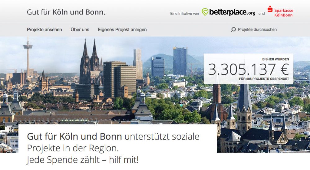 Am 27.11.2018 verdoppelt die Sparkasse KölnBonn jede Spende bis 100 €, die über das Spendenportal "Gut für Köln und Bonn" eingeht
